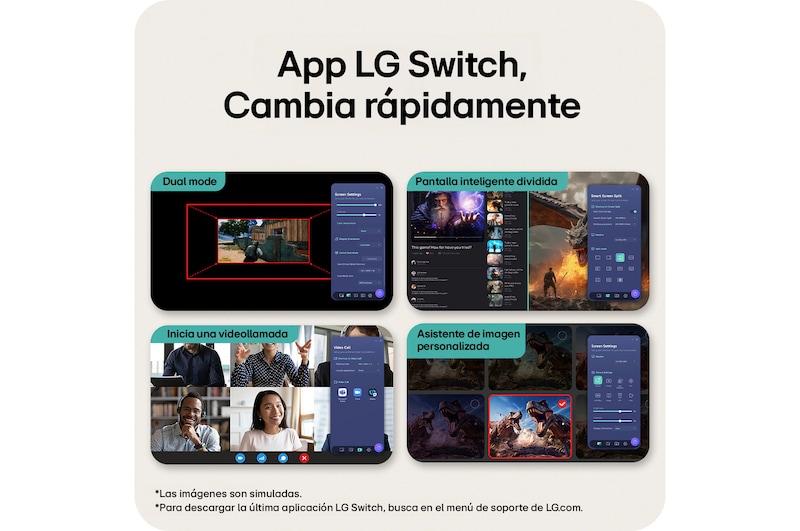 Imagen general de las características que muestra la interfaz de un monitor gaming, con ajuste de visualización de Modo Dual, Smart Screen Split para diseños multitarea, inicio de videollamadas con un solo clic y un Asistente de Imagen Personalizado para configurar los ajustes de pantalla a medida.